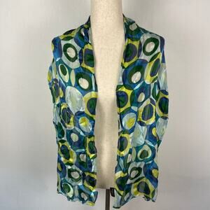 Vintage Kenneth Cole Green Blue Silk Scarf Psychedelic Circle Print Rectangular